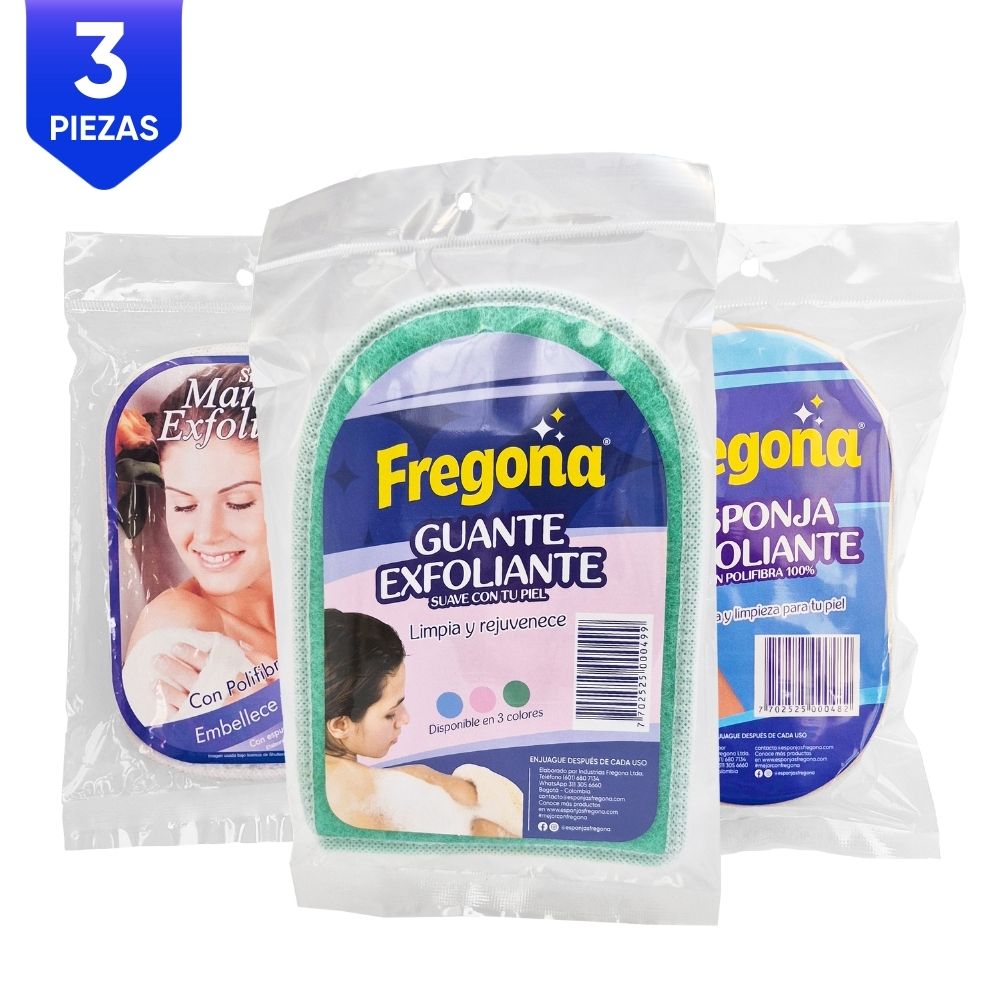 KIT EXFOLIANTE SUAVE X3 Esponjas Fregona  x 1 Kit esponja con fibra exfoliante suave, ayuda a eliminar excesos de piel muerta, zonas de piel delicada, Cuello,abdomen, manos. Incluye un guante, una monopla y una epsonja exfoliante